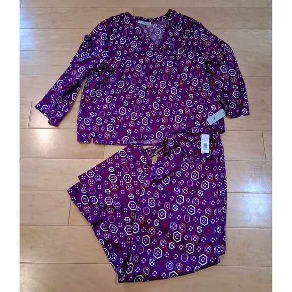 NWT NATORI Kano PJ 2pc Set In Plum Purpe Abstract Floral Pajamas Lounge Satin L - Picture 3 of 8